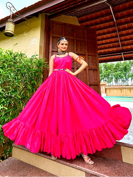 Cotton Gowns With Kutchi Work-NV157_Pink