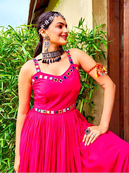 Cotton Gowns With Kutchi Work-Pink-1