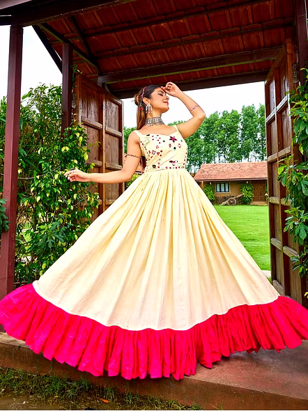 Cotton Gowns With Mirror Work-Beige