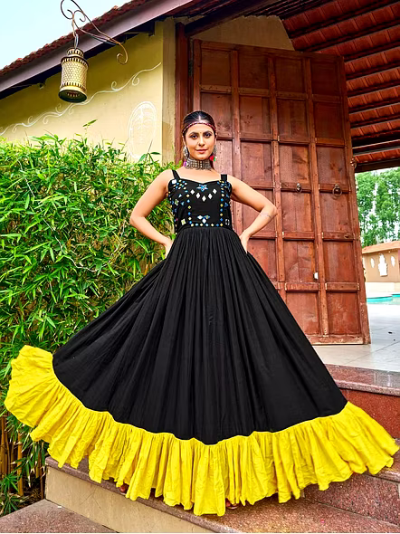 Cotton Gowns With Mirror Work-Black-1