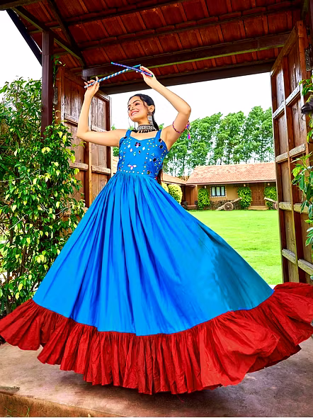 Cotton Gowns With Mirror Work-Cyan-1