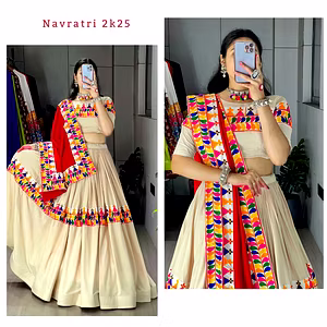 Beige Cotton Navratri Lehenga Choli with Gamthi Work