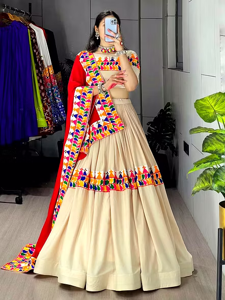 Beige Cotton Navratri Lehenga Choli with Gamthi Work-Beige-2