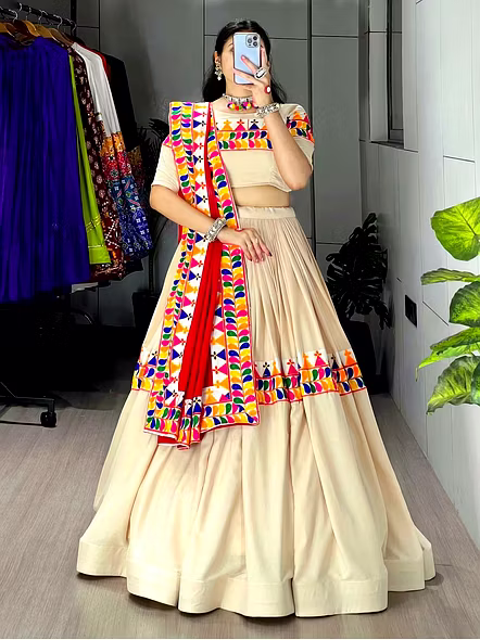Beige Cotton Navratri Lehenga Choli with Gamthi Work-Beige-3