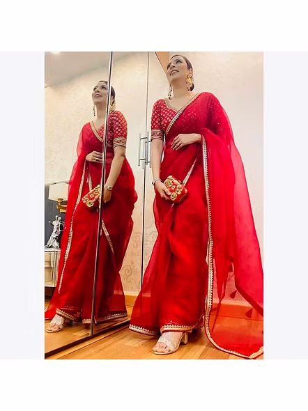 Red Organza Saree-Red-11