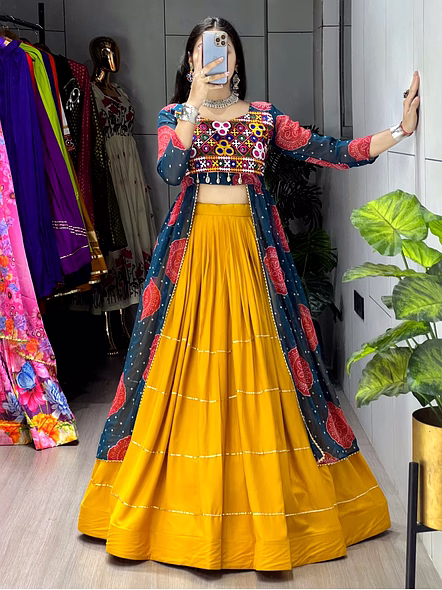 Bandhani Prints Kurtis With Musturd Lehenga Sets-Mustard-2