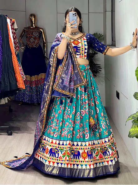 Dola Silk Patola Lehenga With Gamthi Work Border-Cyan-2