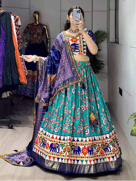Dola Silk Patola Lehenga With Gamthi Work Border-Cyan-3