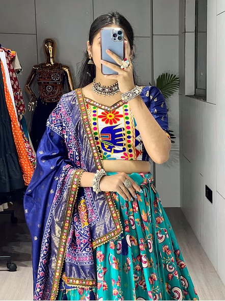 Dola Silk Patola Lehenga With Gamthi Work Border-Cyan-4
