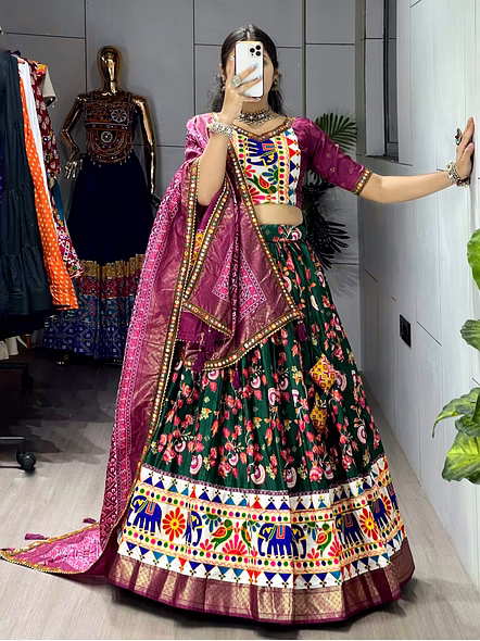Dola Silk Patola Lehenga With Gamthi Work Border-Green-2