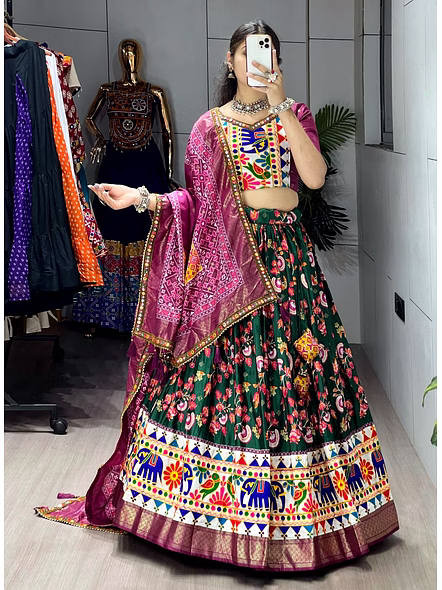 Dola Silk Patola Lehenga With Gamthi Work Border-Green-3