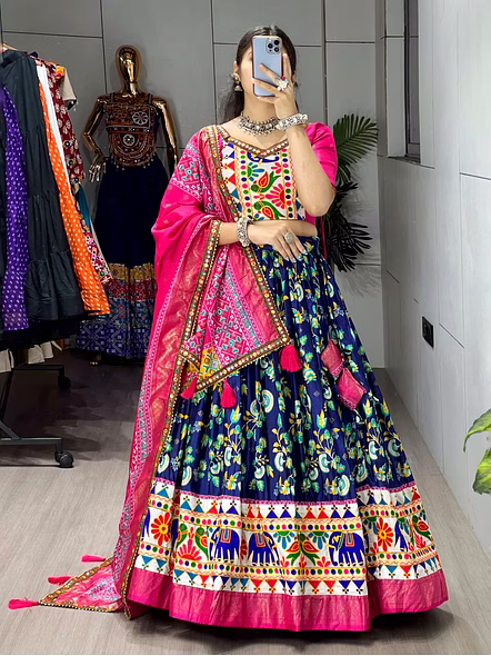Dola Silk Patola Lehenga With Gamthi Work Border-GRTN8084_NBlue