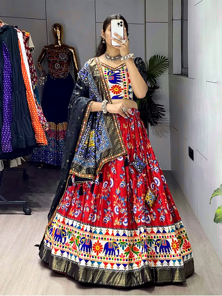 Dola Silk Patola Lehenga With Gamthi Work Border-GRTN8084_Red