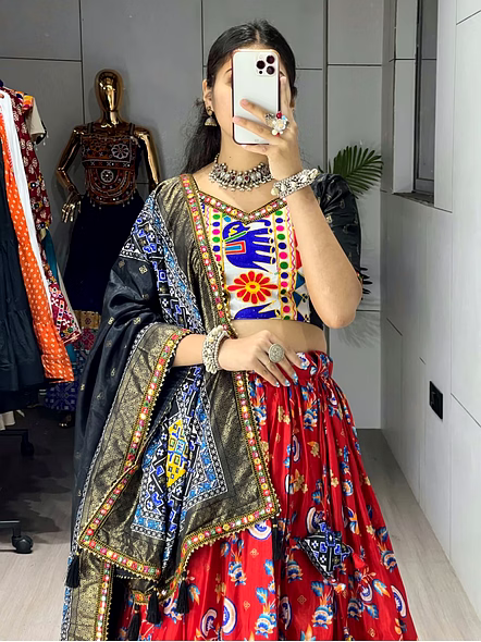 Dola Silk Patola Lehenga With Gamthi Work Border-Red-2