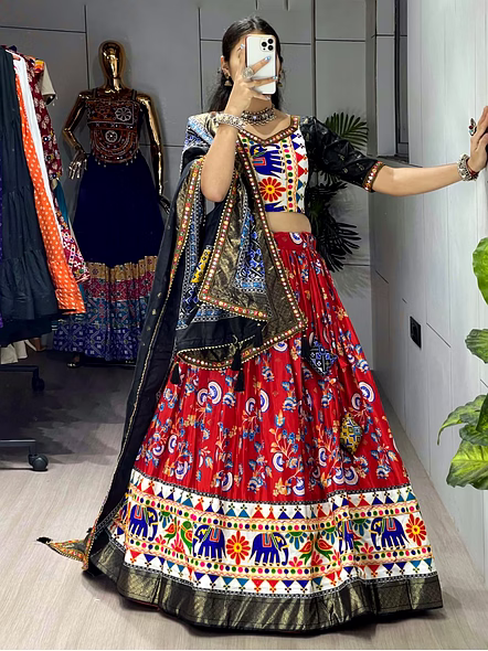 Dola Silk Patola Lehenga With Gamthi Work Border-Red-3