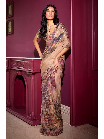 Georgette Saree with Mirror Work-Cyan-2