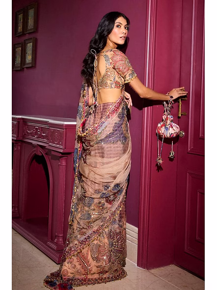 Georgette Saree with Mirror Work-Cyan-3