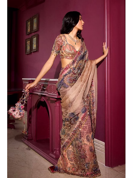 Georgette Saree with Mirror Work-Cyan-4