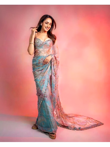 Georgette Saree with Mirror Work-Brown-4