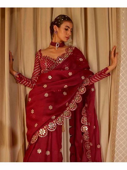 red saree mirror work