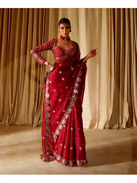 Red Georgette Saree with Mirror Work