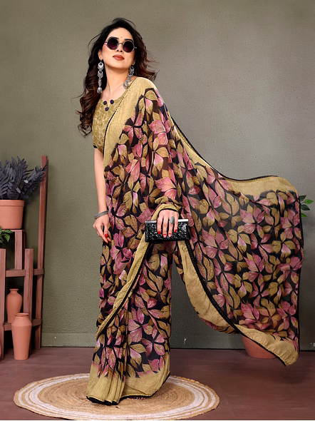 Daily Wear Printed Georgette Saree-Brown-2