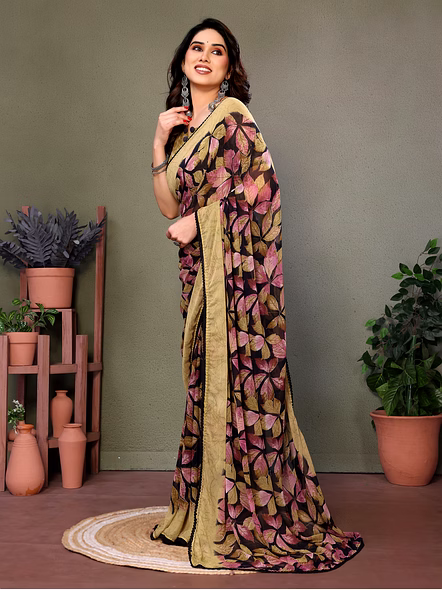 Daily Wear Printed Georgette Saree-Brown-4