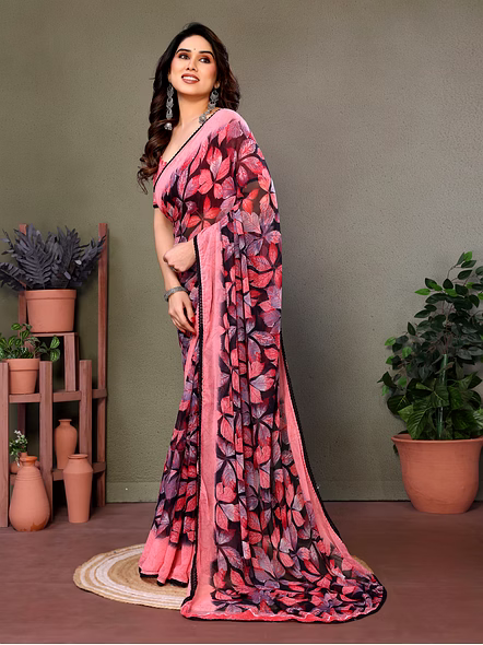 Daily Wear Printed Georgette Saree-Pink-2