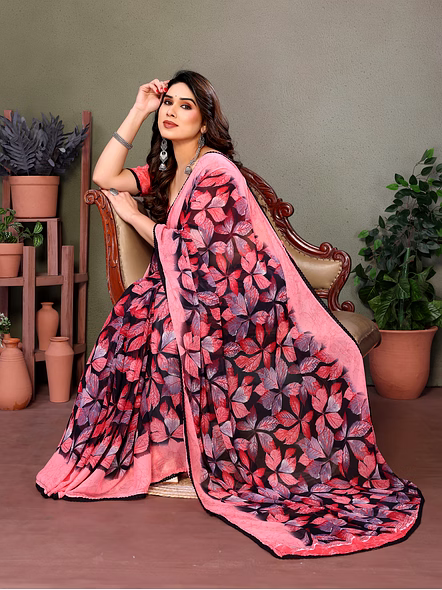 Daily Wear Printed Georgette Saree-Pink-4