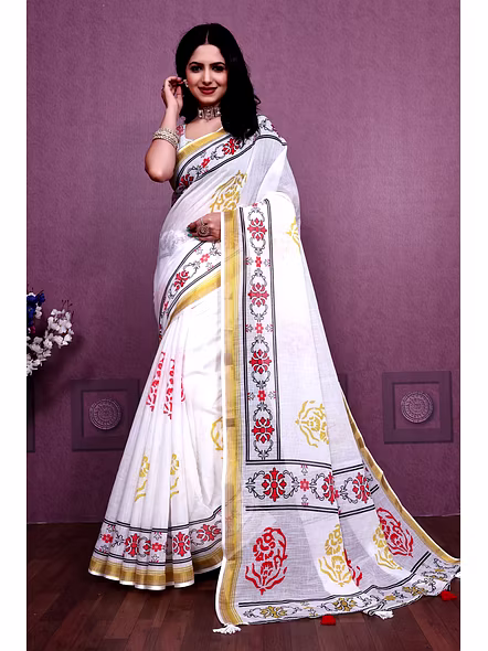 Digital Print Linen Saree with Zari Border