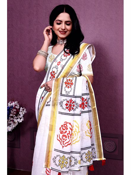 Digital Print Linen Saree with Zari Border-White-4