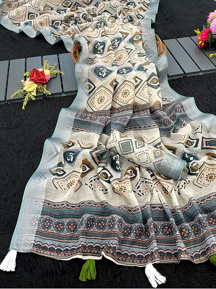 Digital Print Linen Saree with Stylish Latkan