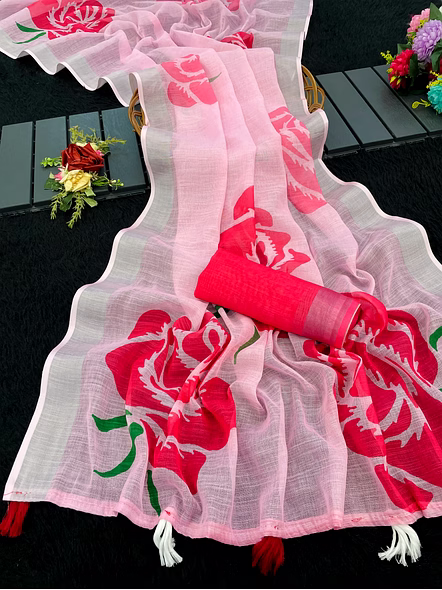 Digital Print Linen Saree with Stylish Latkan-ANKITA_Pink
