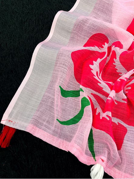 Digital Print Linen Saree with Stylish Latkan-Pink-4