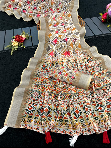 Digital Print Linen Saree with Stylish Latkan-ANKITA_White