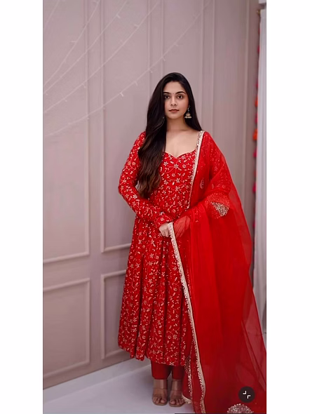 Red Georgette Anarkali Gown-Red-S(36)-2