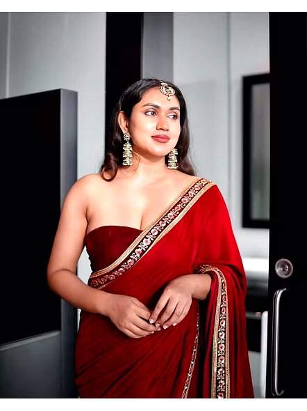Red Velvet Saree-Red-4