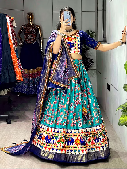 Dola Silk Patola Lehenga With Gamthi Work Border-Cyan-5