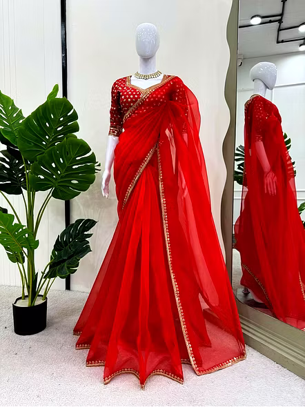 Red Organza Saree-Red-3
