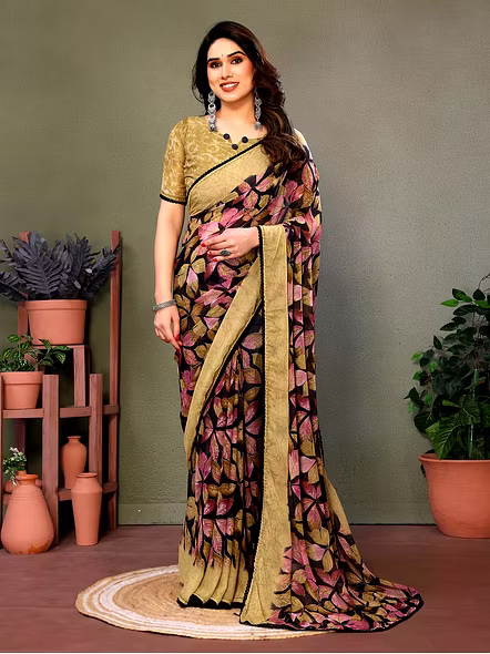 Daily Wear Printed Georgette Saree-Brown