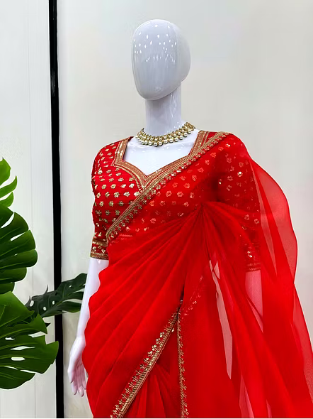 Red Organza Saree-Red-5