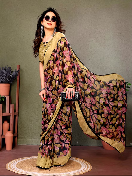 Daily Wear Printed Georgette Saree-Brown-3