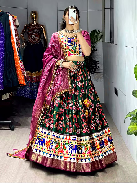 Dola Silk Patola Lehenga With Gamthi Work Border-Green-1