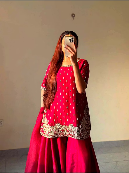 Farsi Kurti-Plazzo Set-Red-L(40)-5