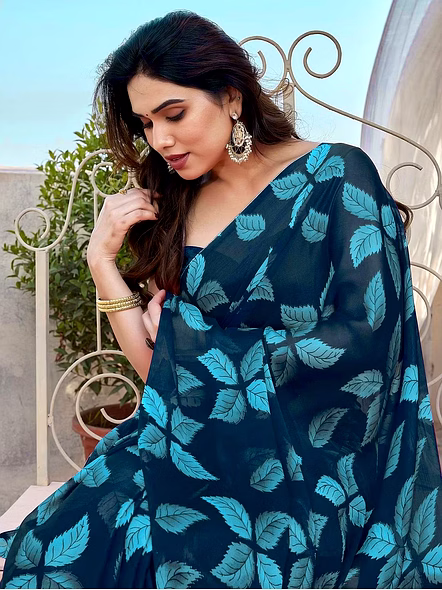Georgette Saree with Lace-Blue-4