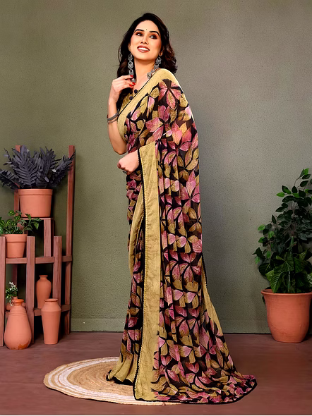 Daily Wear Printed Georgette Saree-Brown-5
