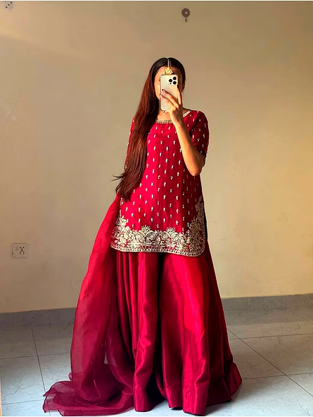 Farsi Kurti-Plazzo Set-Red-XL(42)-1