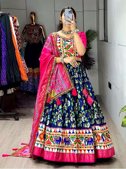 Dola Silk Patola Lehenga With Gamthi Work Border-Navy Blue-1