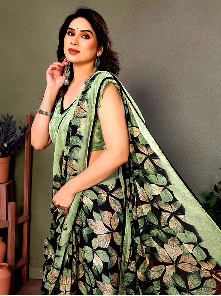 Daily Wear Printed Georgette Saree-Green-3