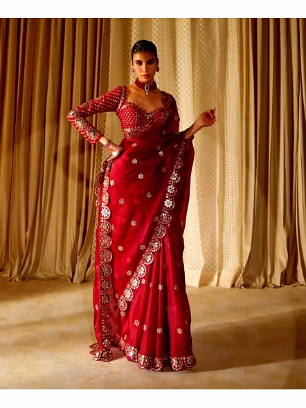 Red Georgette Saree with Mirror Work-Red
